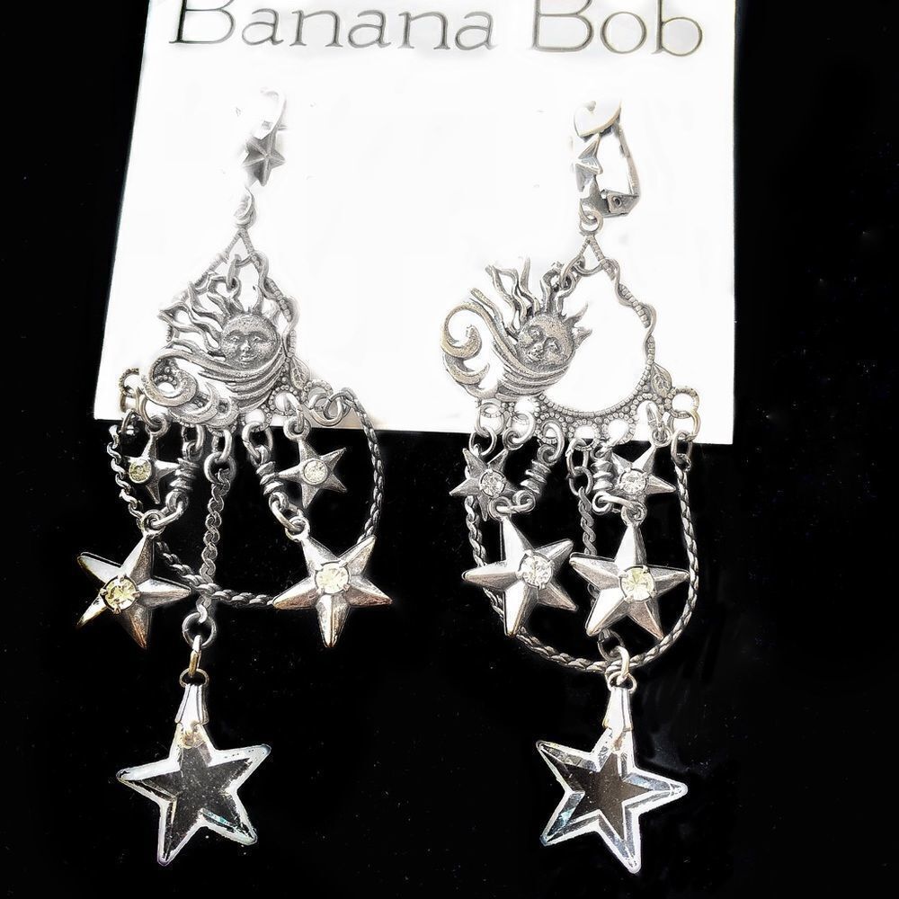 Banana Bob sun and stars 4” chandelier silver pierced earrings with crystals